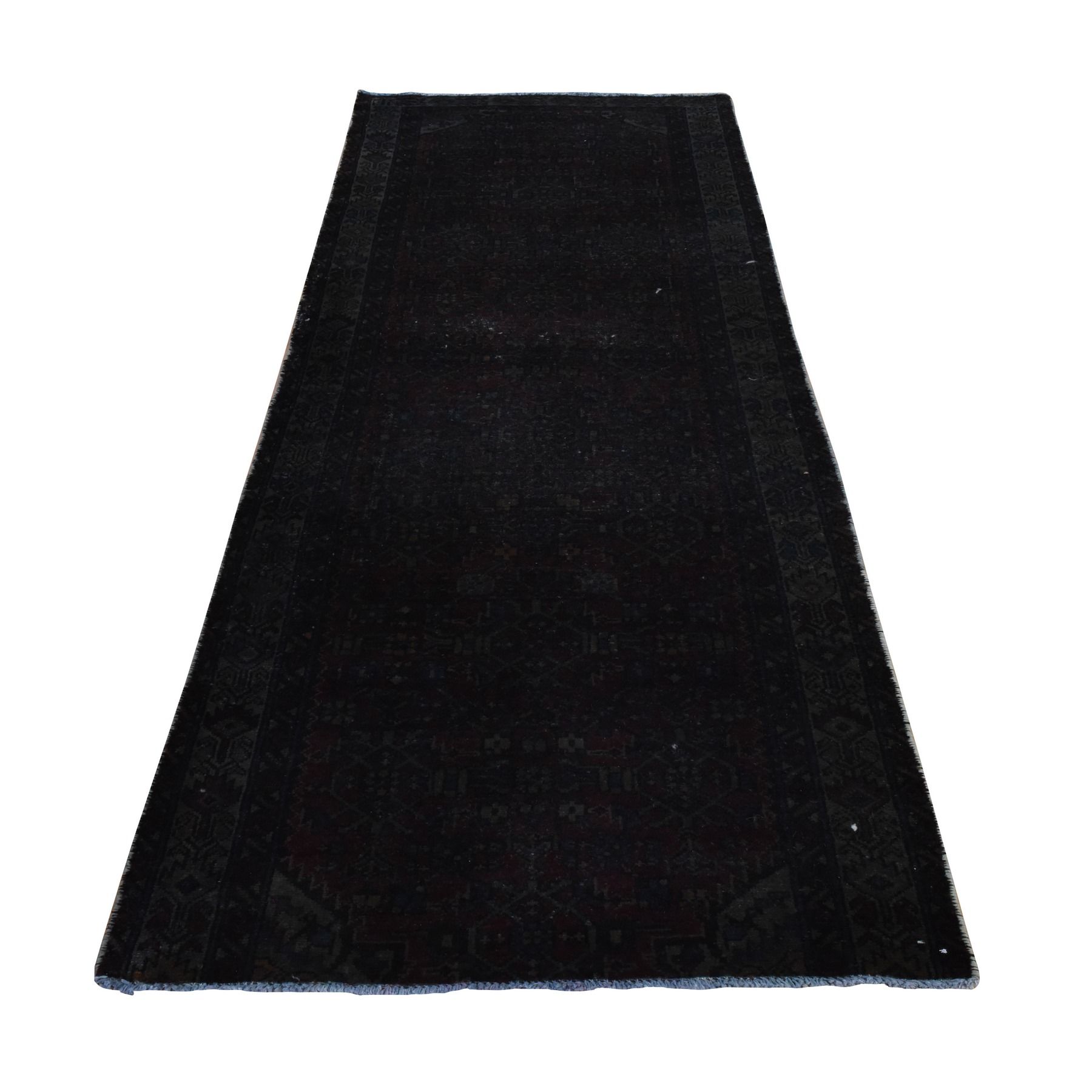3'6"x9'1" Deep Red, Semi Antique, Overdyed Persian Malayer, Worn Down and Distressed, Pure Wool, Hand Knotted, Wide Runner, Oriental Rug 